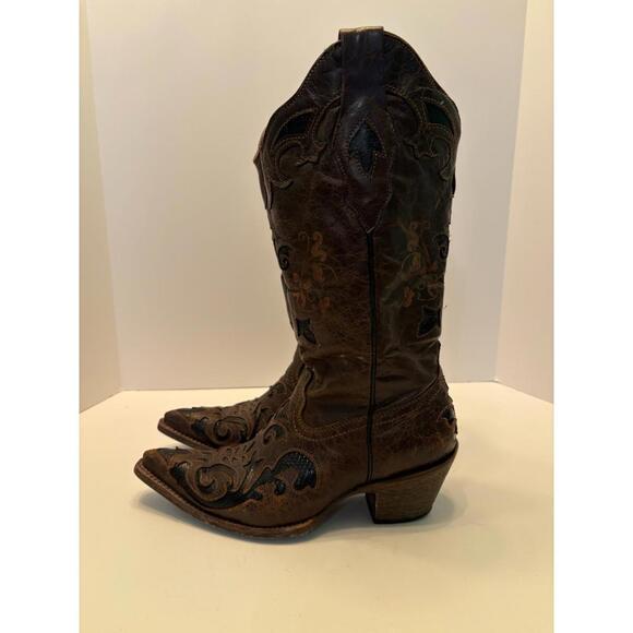 corral womens boots Sz 5.5 Inlay Pointy Toe Brown Black Leather Western - Picture 1 of 9